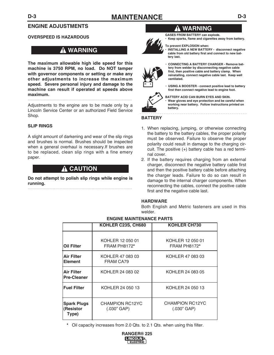 Maintenance, Warning, Warning caution | Lincoln Electric IM10017 RANGER 225 User Manual | Page 25 / 56