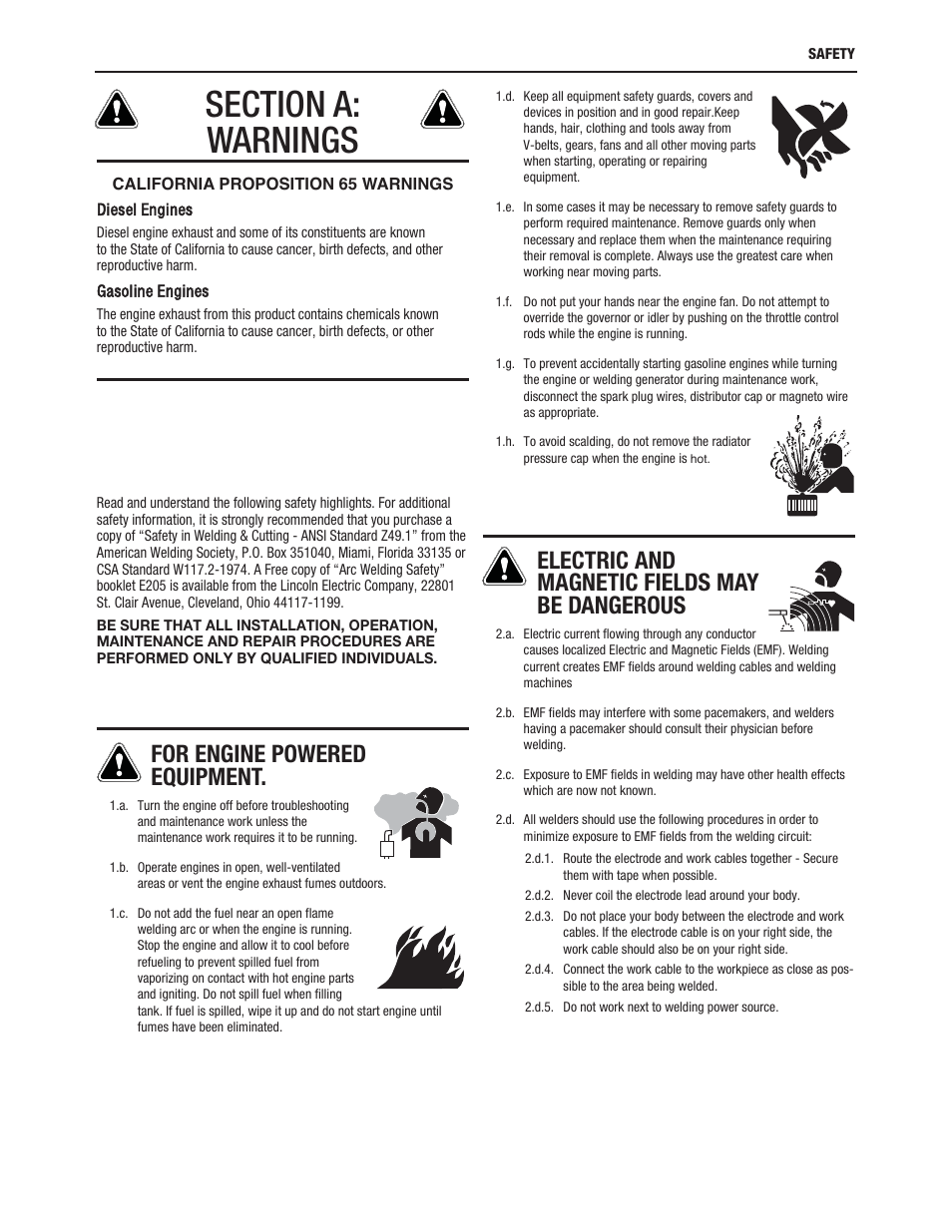 For engine powered equipment, Electric and magnetic fields may be dangerous | Lincoln Electric IM10017 RANGER 225 User Manual | Page 3 / 56