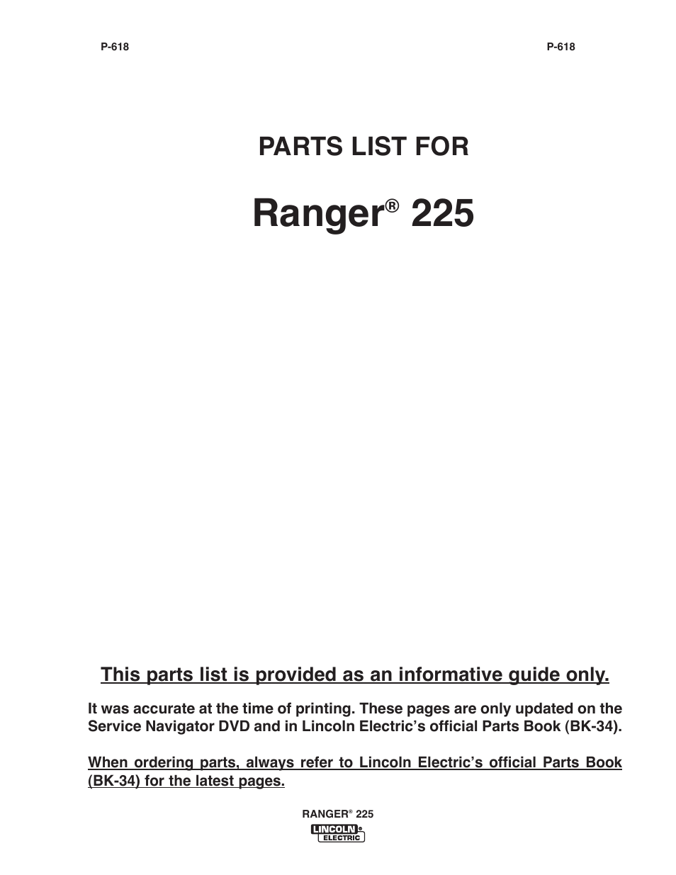 Ranger, Parts list for | Lincoln Electric IM10017 RANGER 225 User Manual | Page 33 / 56