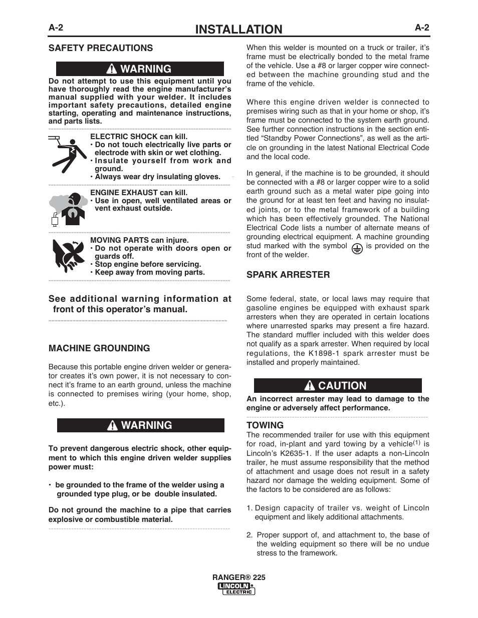 Installation, Caution, Warning | Lincoln Electric IM10017 RANGER 225 User Manual | Page 8 / 56