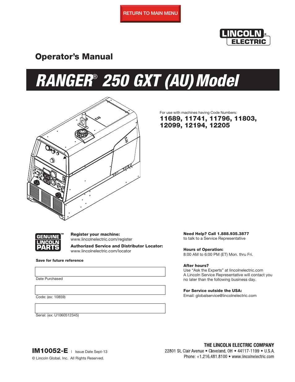 Lincoln Electric IM10052 RANGER 250 GXT (AU) User Manual | 56 pages