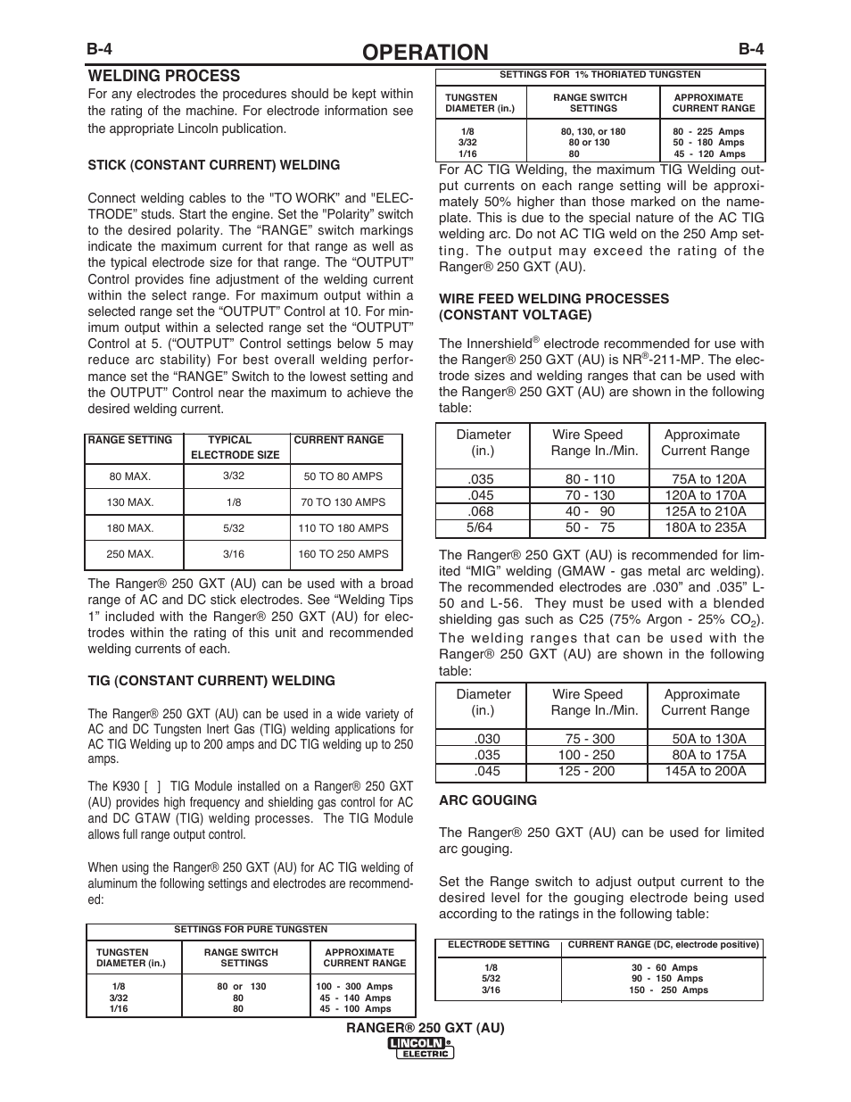 Operation, B-4 welding process | Lincoln Electric IM10052 RANGER 250 GXT (AU) User Manual | Page 18 / 56