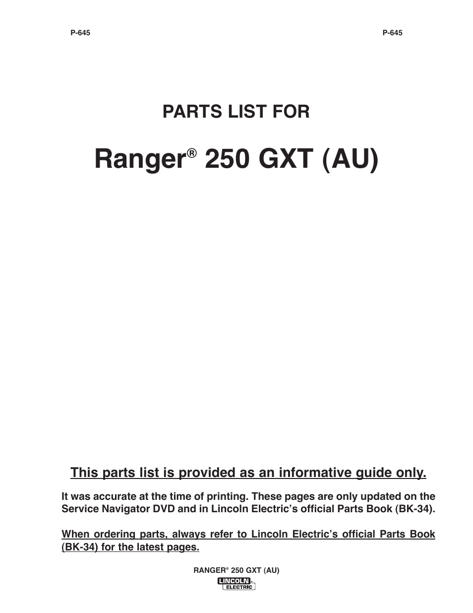 Ranger, 250 gxt (au), Parts list for | Lincoln Electric IM10052 RANGER 250 GXT (AU) User Manual | Page 33 / 56