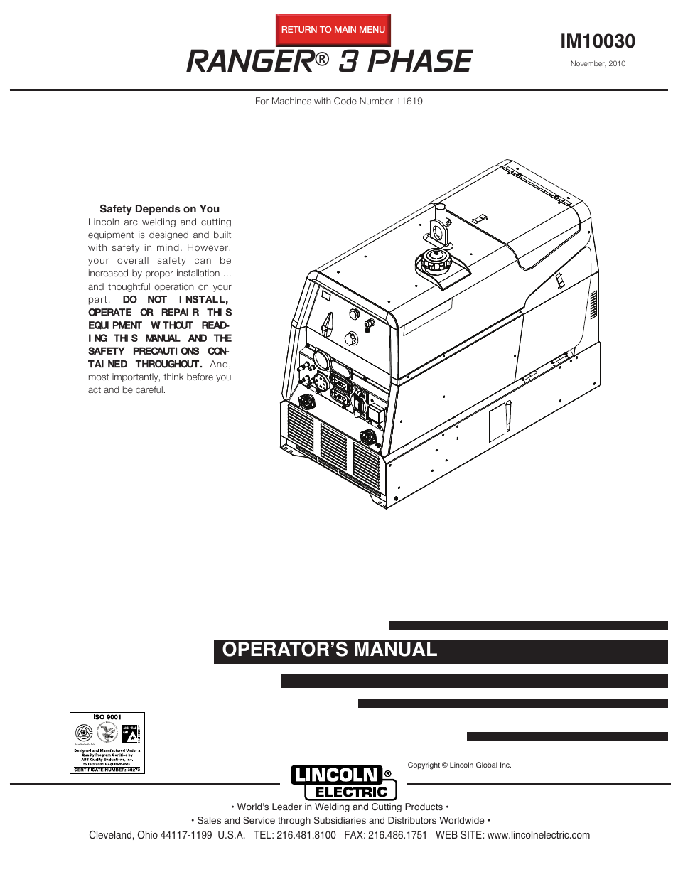 Lincoln Electric IM10030 RANGER 3 PHASE User Manual | 36 pages