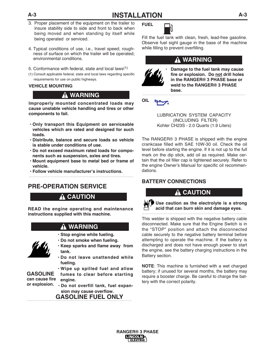 Installation, Pre-operation service, Caution | Warning caution, Gasoline fuel only, Warning | Lincoln Electric IM10030 RANGER 3 PHASE User Manual | Page 10 / 36