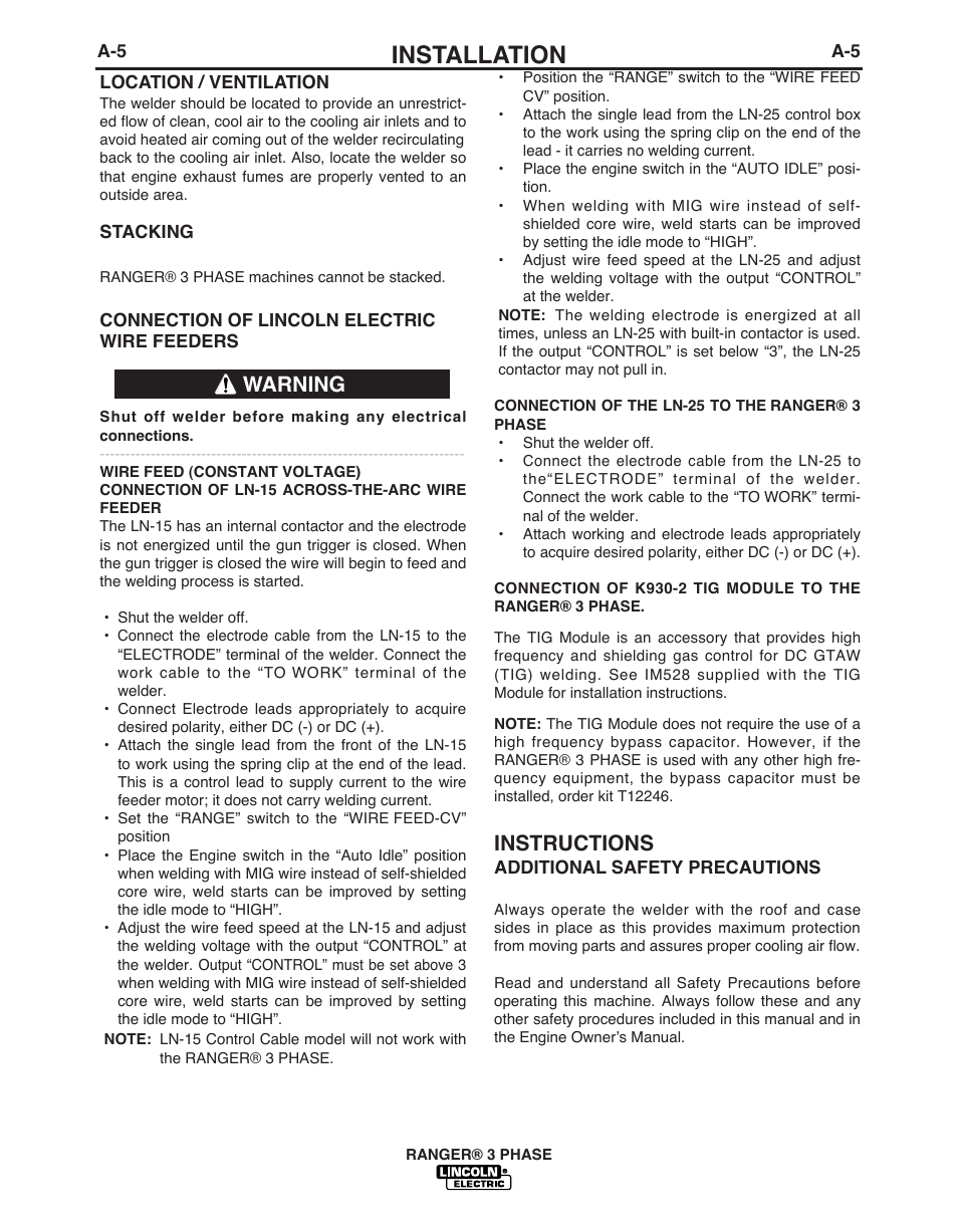 Installation, Instructions, Warning | Lincoln Electric IM10030 RANGER 3 PHASE User Manual | Page 12 / 36