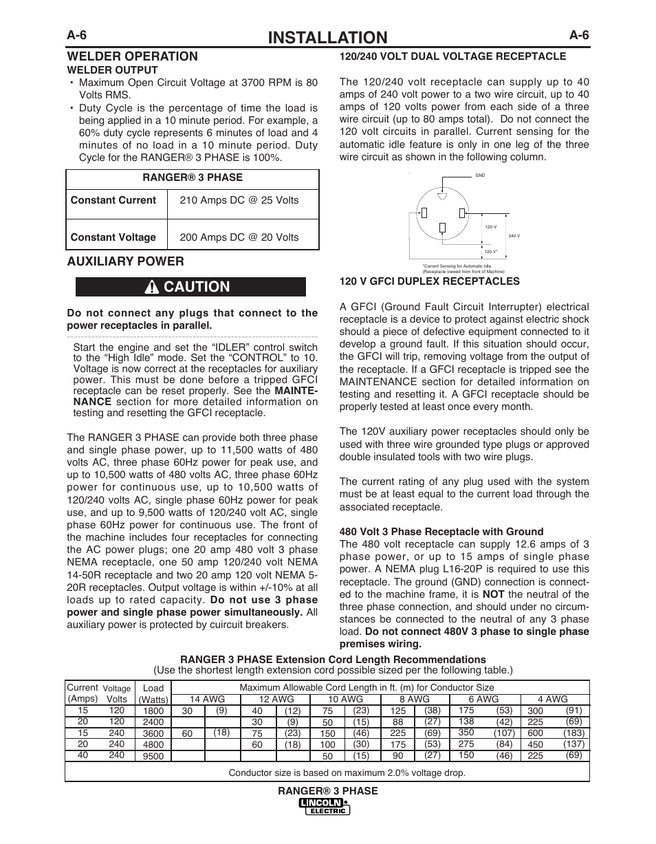 Installation, Caution, Welder operation | Auxiliary power | Lincoln Electric IM10030 RANGER 3 PHASE User Manual | Page 13 / 36