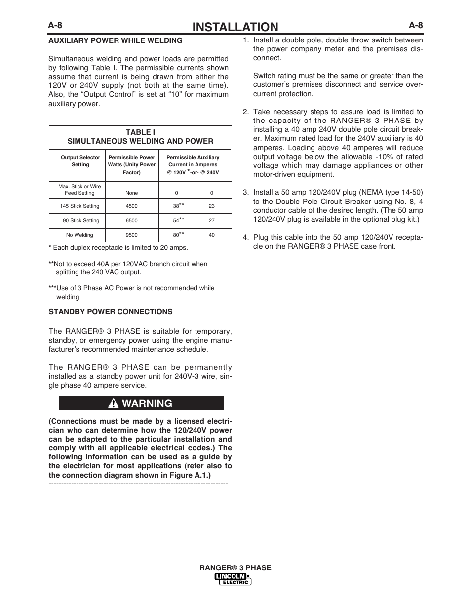 Installation, Warning | Lincoln Electric IM10030 RANGER 3 PHASE User Manual | Page 15 / 36