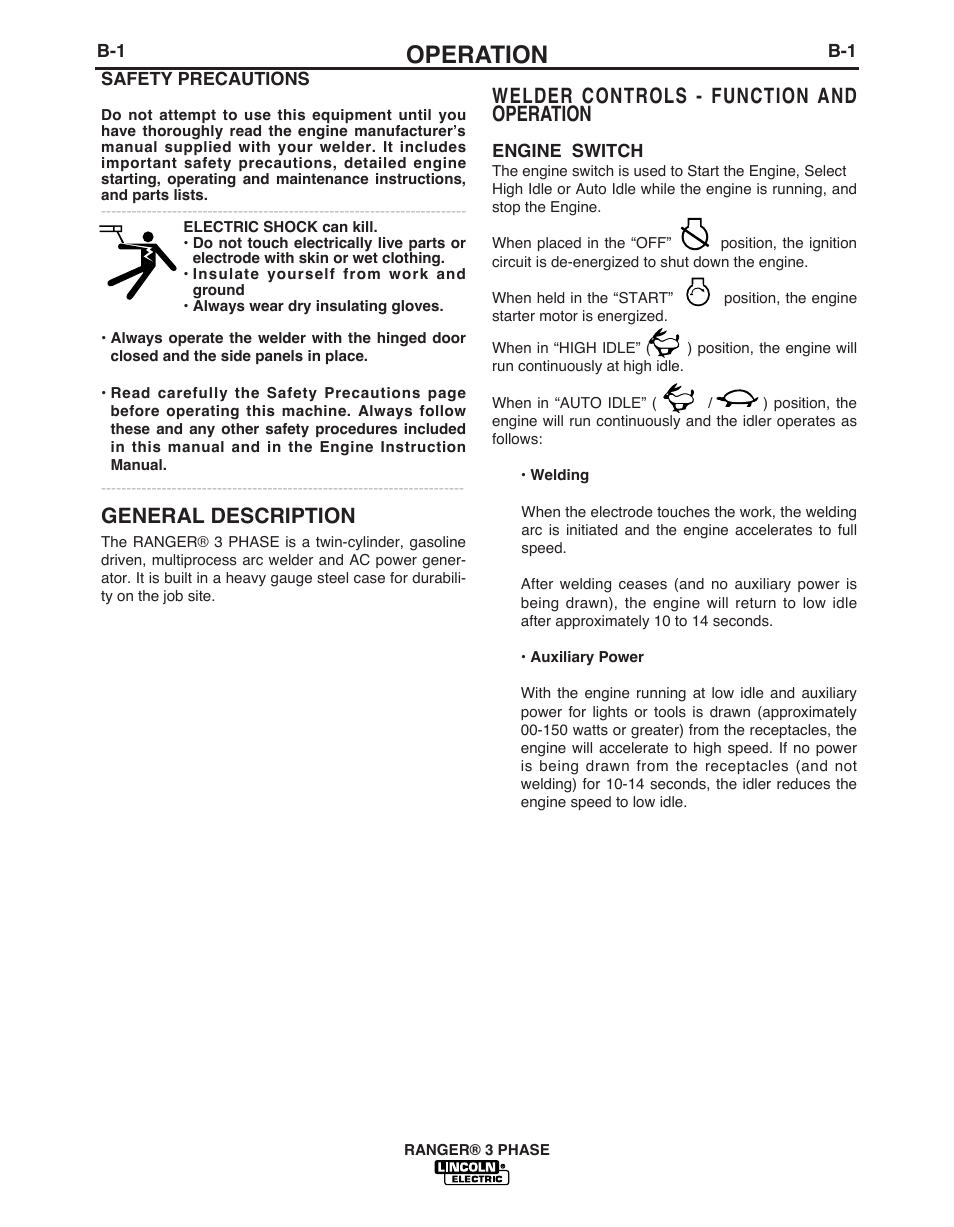 Operation, Welder controls - function and operation, General description | Lincoln Electric IM10030 RANGER 3 PHASE User Manual | Page 17 / 36