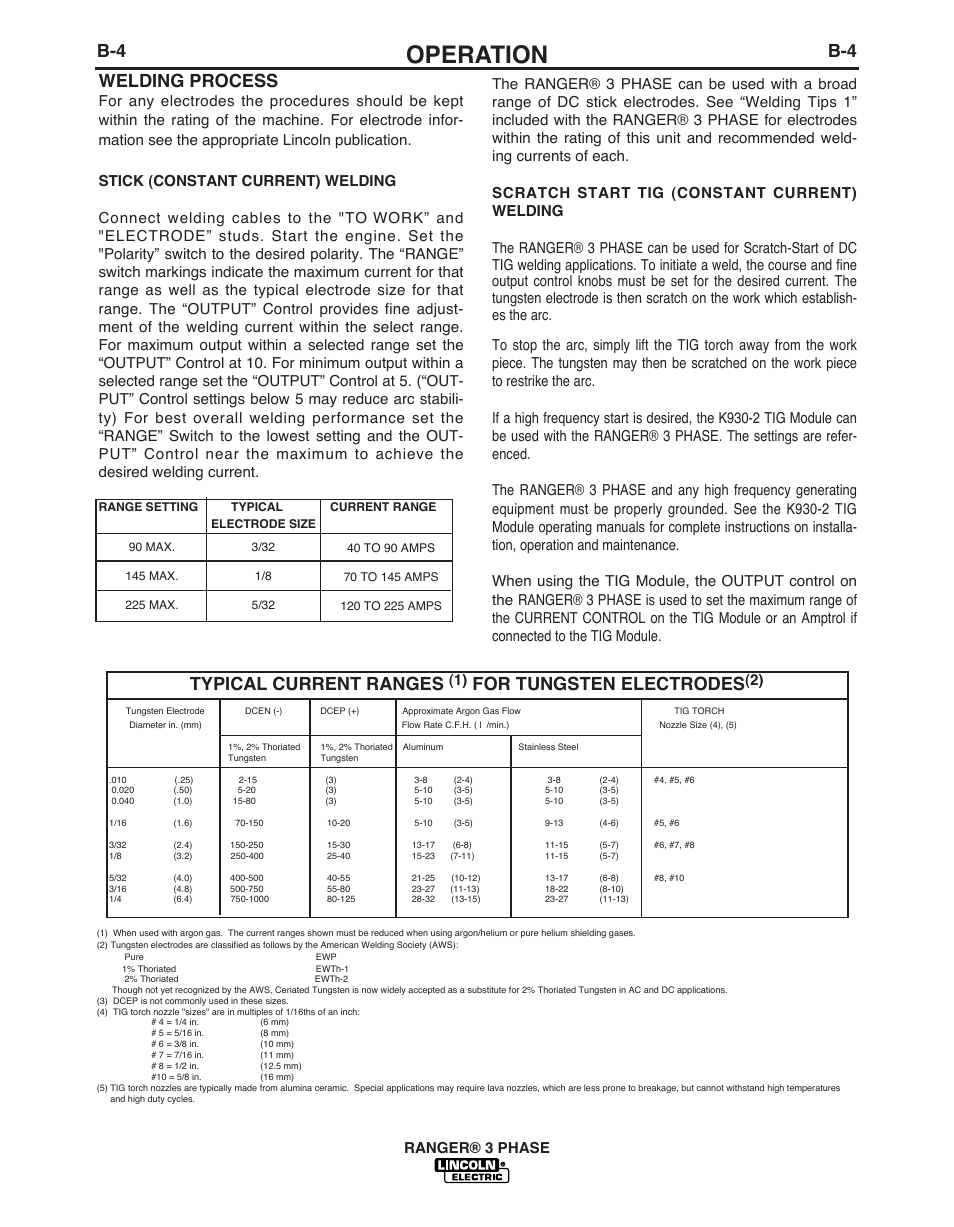 Operation, B-4 welding process, Typical current ranges | For tungsten electrodes | Lincoln Electric IM10030 RANGER 3 PHASE User Manual | Page 20 / 36