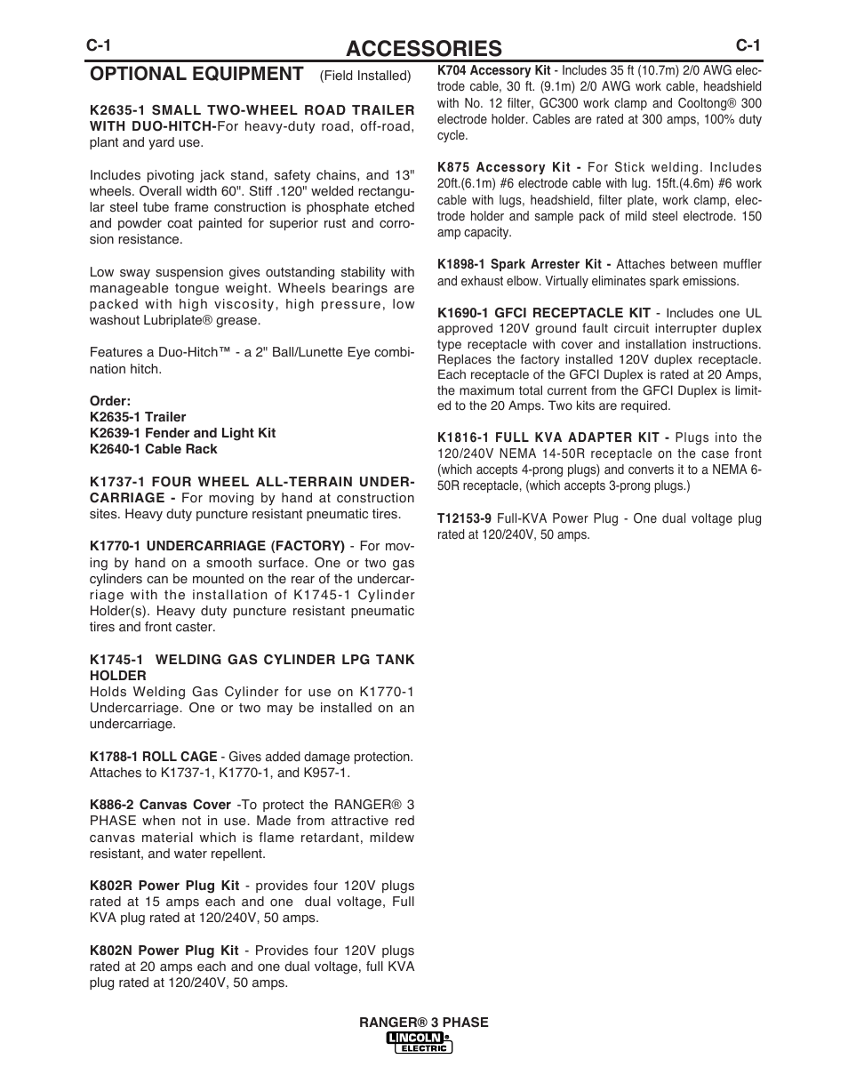 Accessories, Optional equipment | Lincoln Electric IM10030 RANGER 3 PHASE User Manual | Page 22 / 36