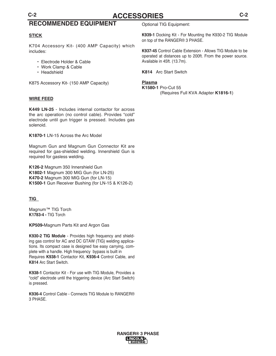 Accessories, Recommended equipment | Lincoln Electric IM10030 RANGER 3 PHASE User Manual | Page 23 / 36