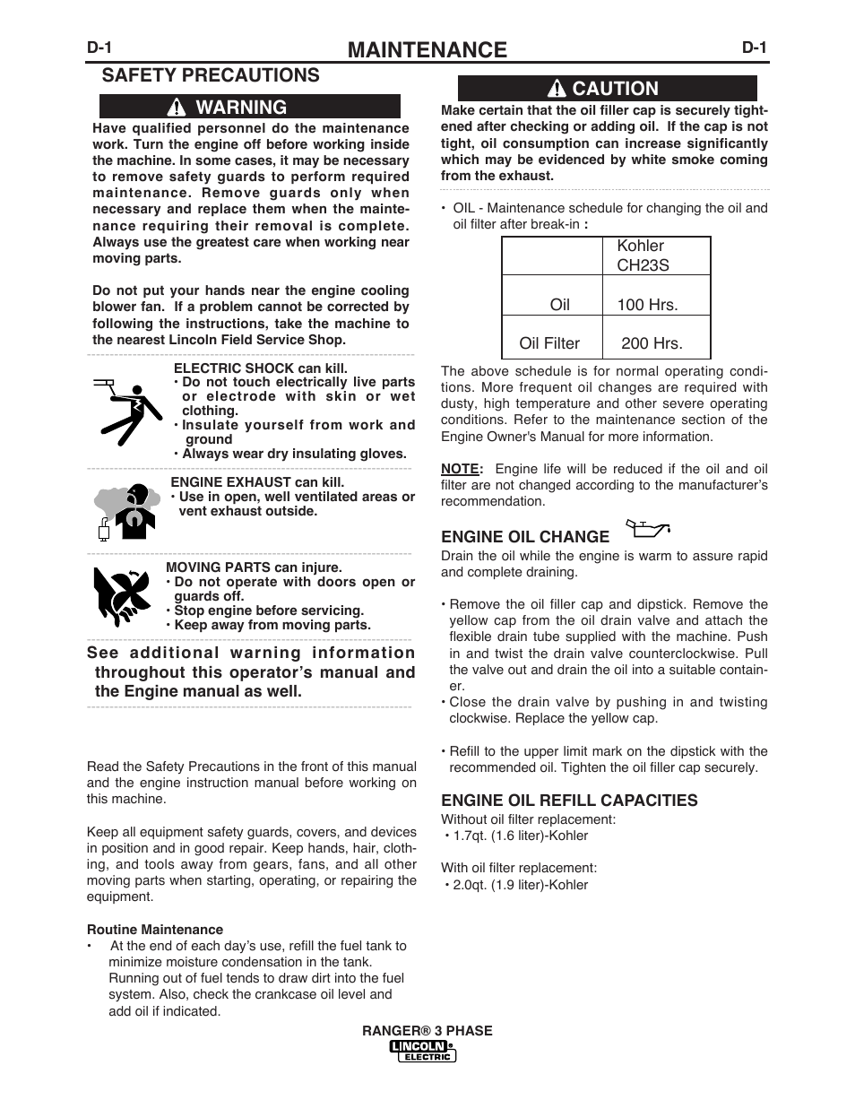 Maintenance, Warning, Safety precautions caution | Lincoln Electric IM10030 RANGER 3 PHASE User Manual | Page 24 / 36