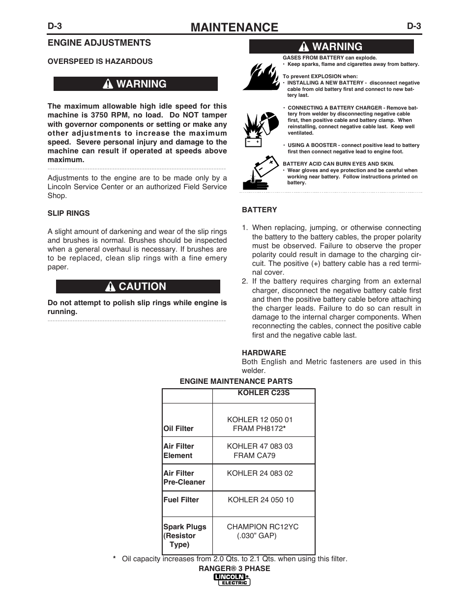 Maintenance, Warning, Warning caution | Lincoln Electric IM10030 RANGER 3 PHASE User Manual | Page 26 / 36