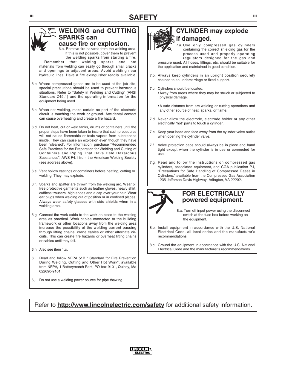 Safety, For electrically powered equipment, Cylinder may explode if damaged | Lincoln Electric IM10030 RANGER 3 PHASE User Manual | Page 4 / 36