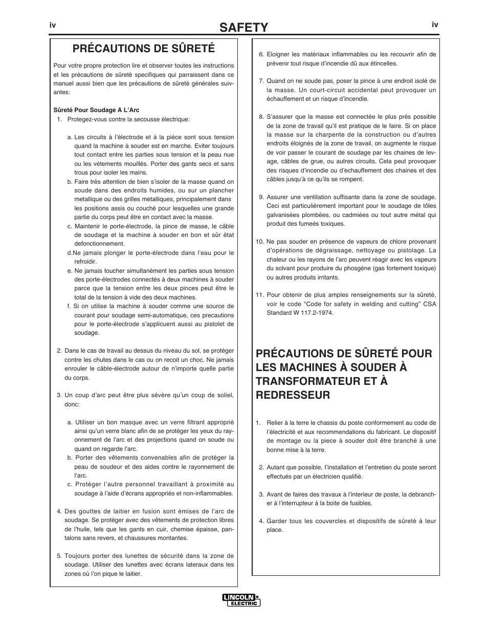 Safety, Précautions de sûreté | Lincoln Electric IM10030 RANGER 3 PHASE User Manual | Page 5 / 36