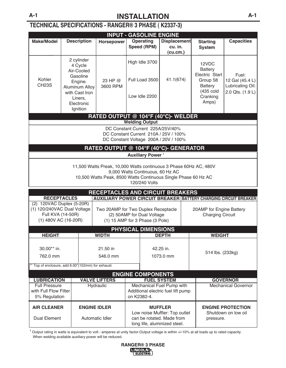 Installation | Lincoln Electric IM10030 RANGER 3 PHASE User Manual | Page 8 / 36