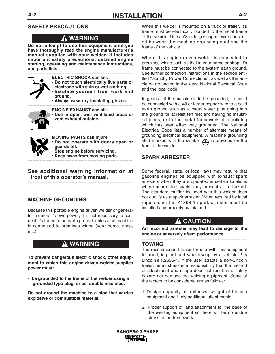 Installation, Caution, Warning | Lincoln Electric IM10030 RANGER 3 PHASE User Manual | Page 9 / 36