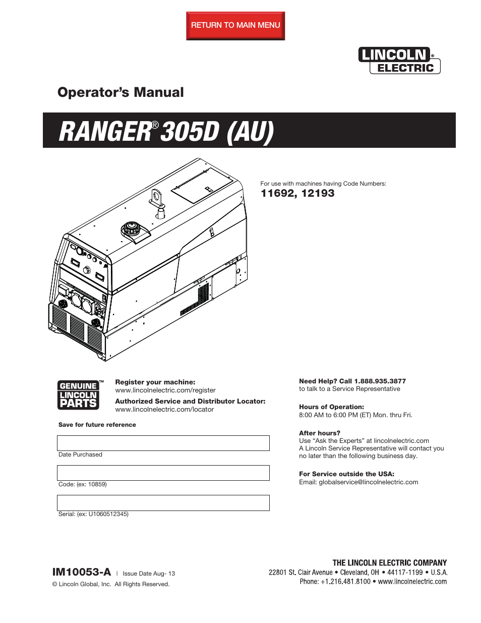 Lincoln Electric IM10053 RANGER 305 D (AU) User Manual | 72 pages