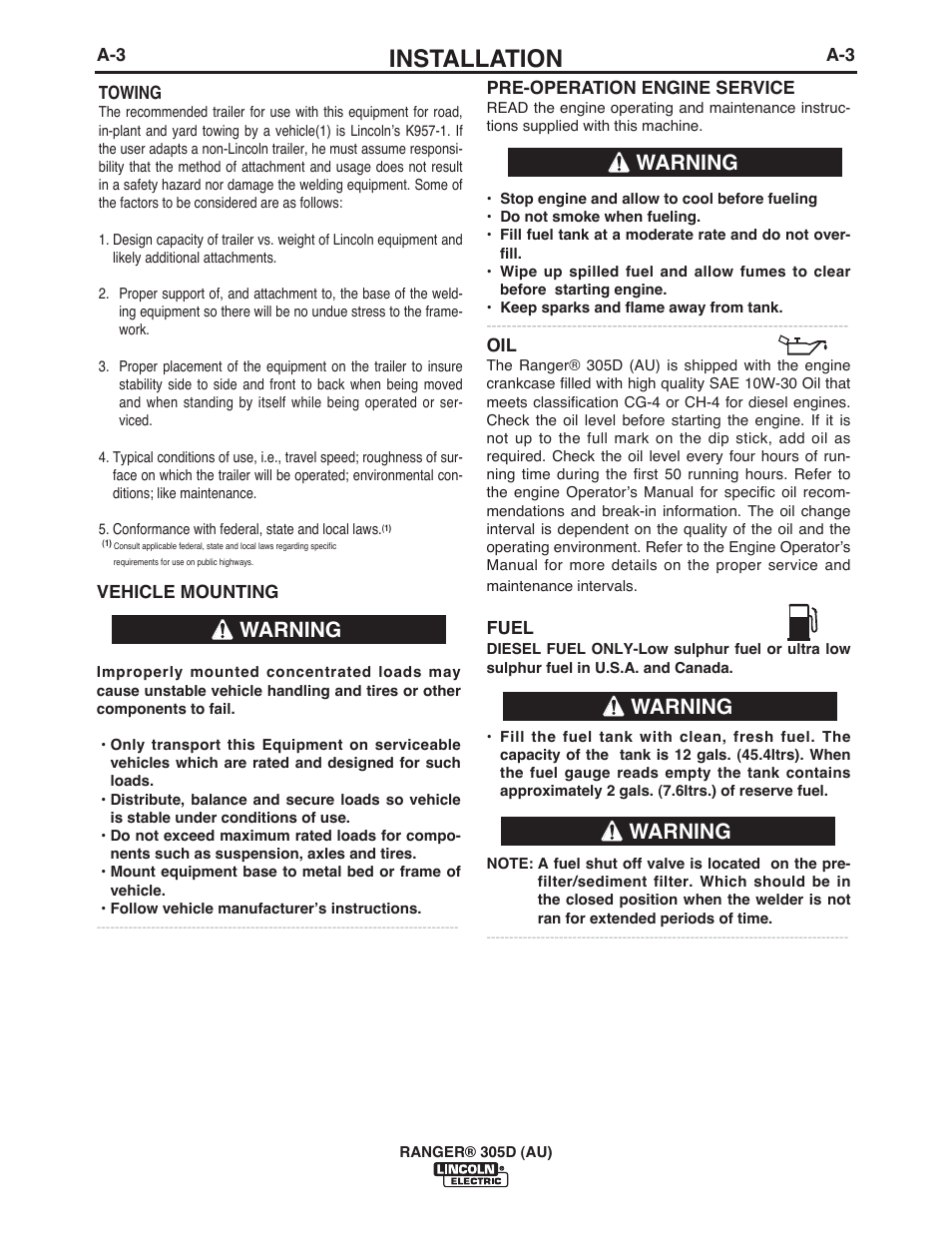 Installation, Warning | Lincoln Electric IM10053 RANGER 305 D (AU) User Manual | Page 10 / 72