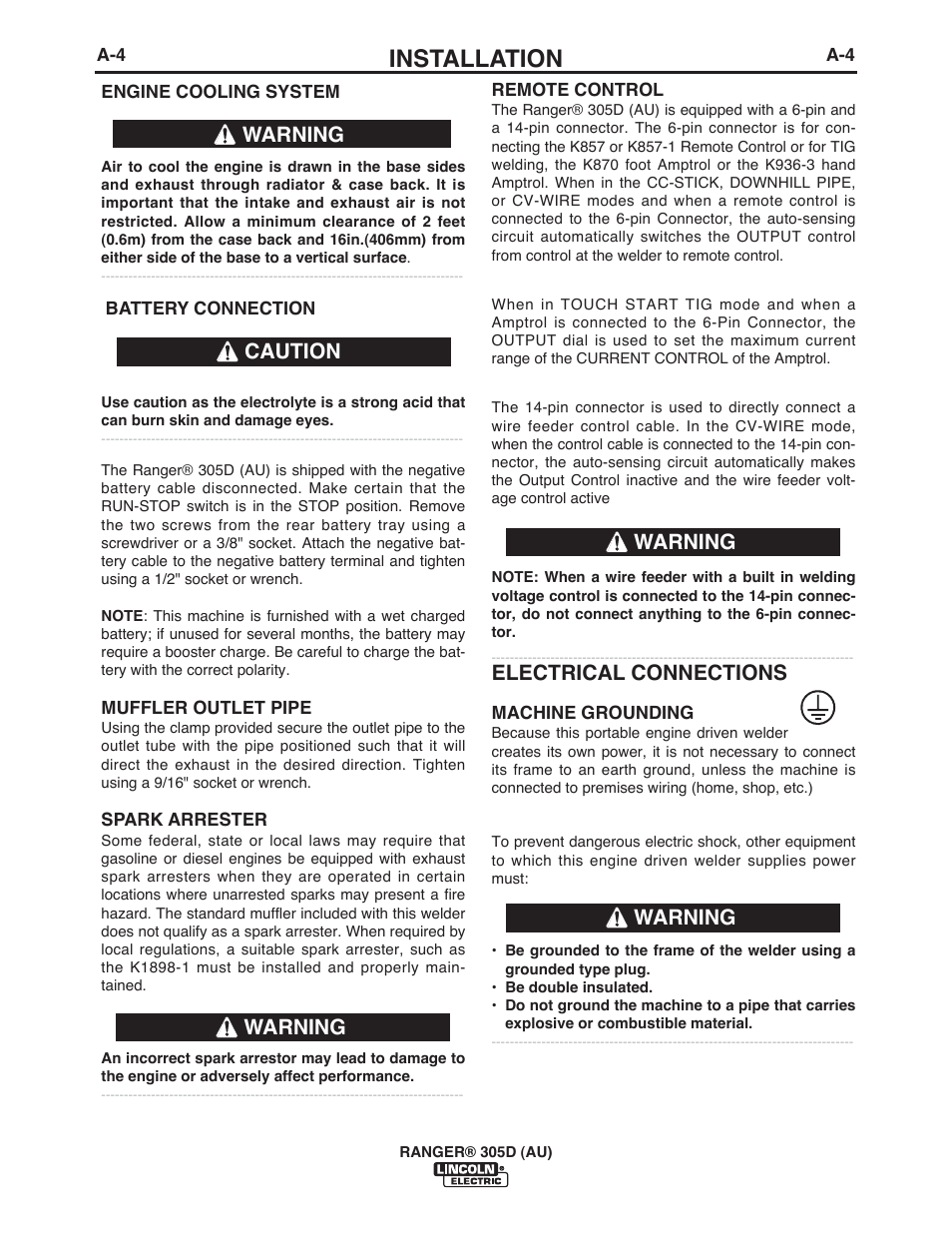 Installation, Electrical connections, Warning | Caution warning warning warning | Lincoln Electric IM10053 RANGER 305 D (AU) User Manual | Page 11 / 72