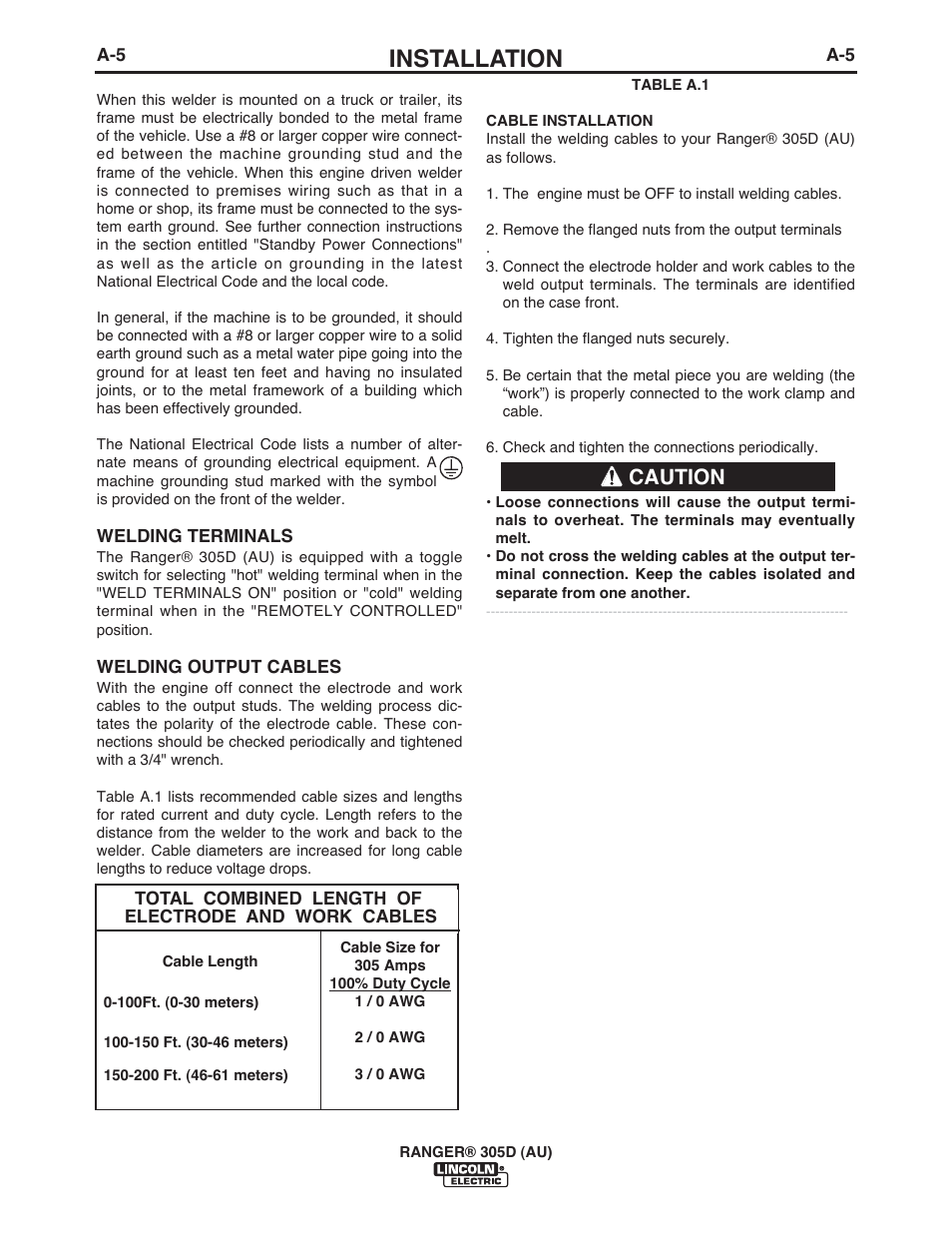 Installation, Caution | Lincoln Electric IM10053 RANGER 305 D (AU) User Manual | Page 12 / 72