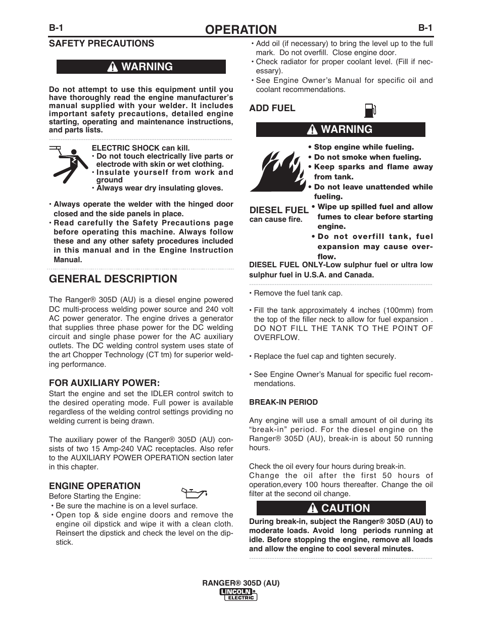 Operation, General description, Warning | Warning caution | Lincoln Electric IM10053 RANGER 305 D (AU) User Manual | Page 16 / 72