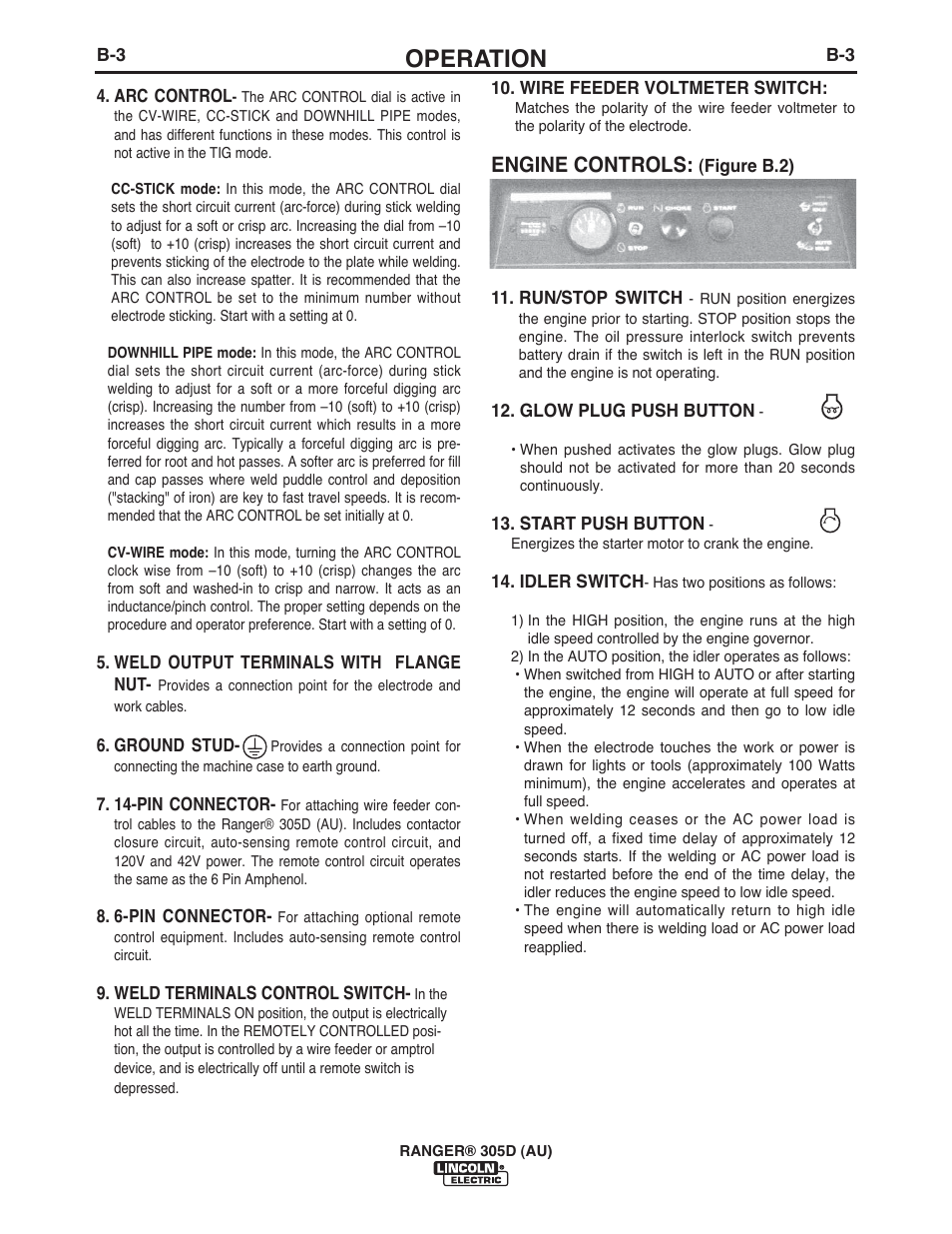 Operation, Engine controls | Lincoln Electric IM10053 RANGER 305 D (AU) User Manual | Page 18 / 72