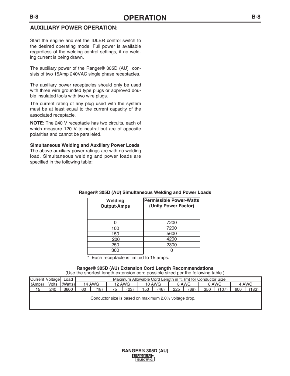 Operation, B-8 auxiliary power operation | Lincoln Electric IM10053 RANGER 305 D (AU) User Manual | Page 23 / 72