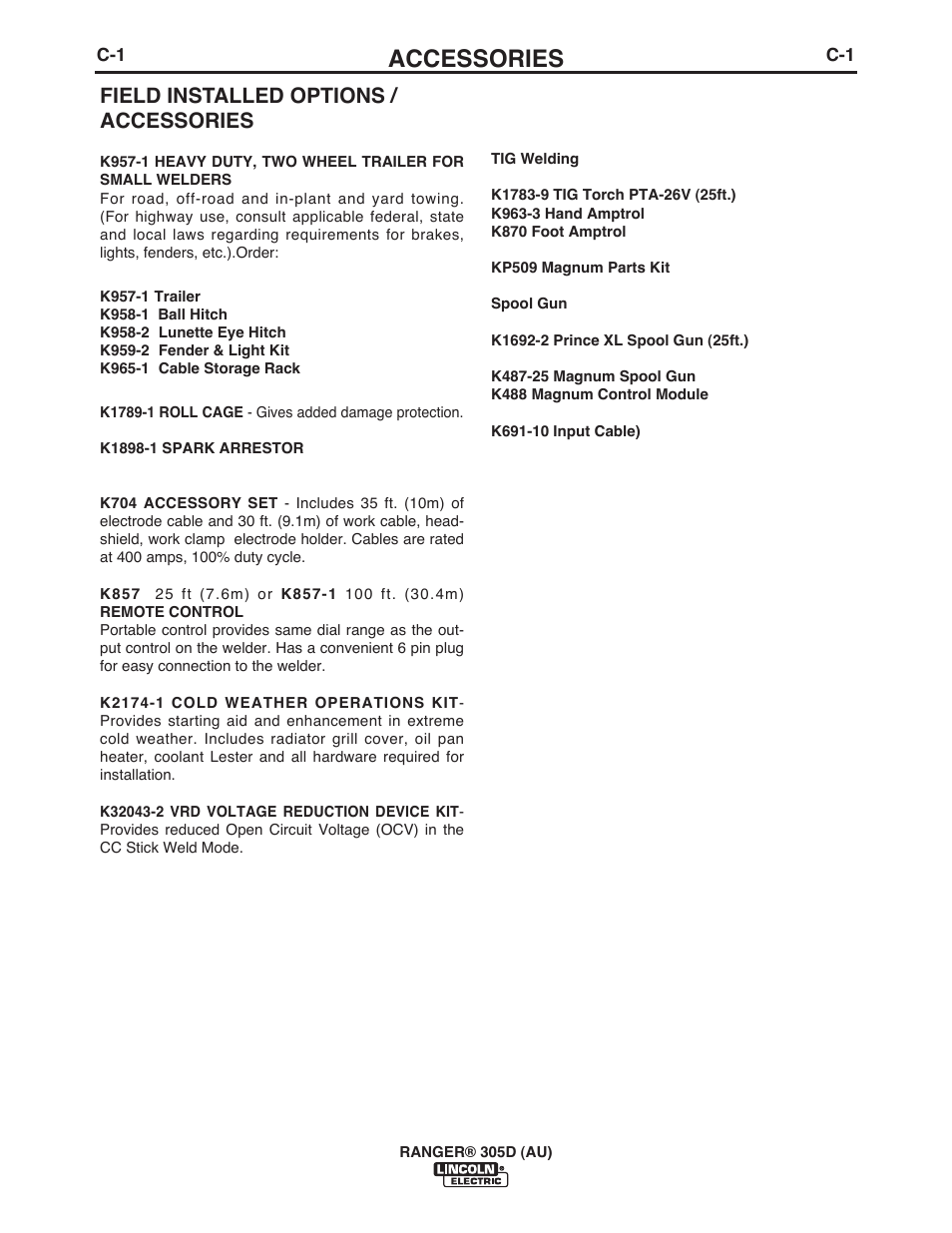 Accessories, Field installed options / accessories | Lincoln Electric IM10053 RANGER 305 D (AU) User Manual | Page 24 / 72