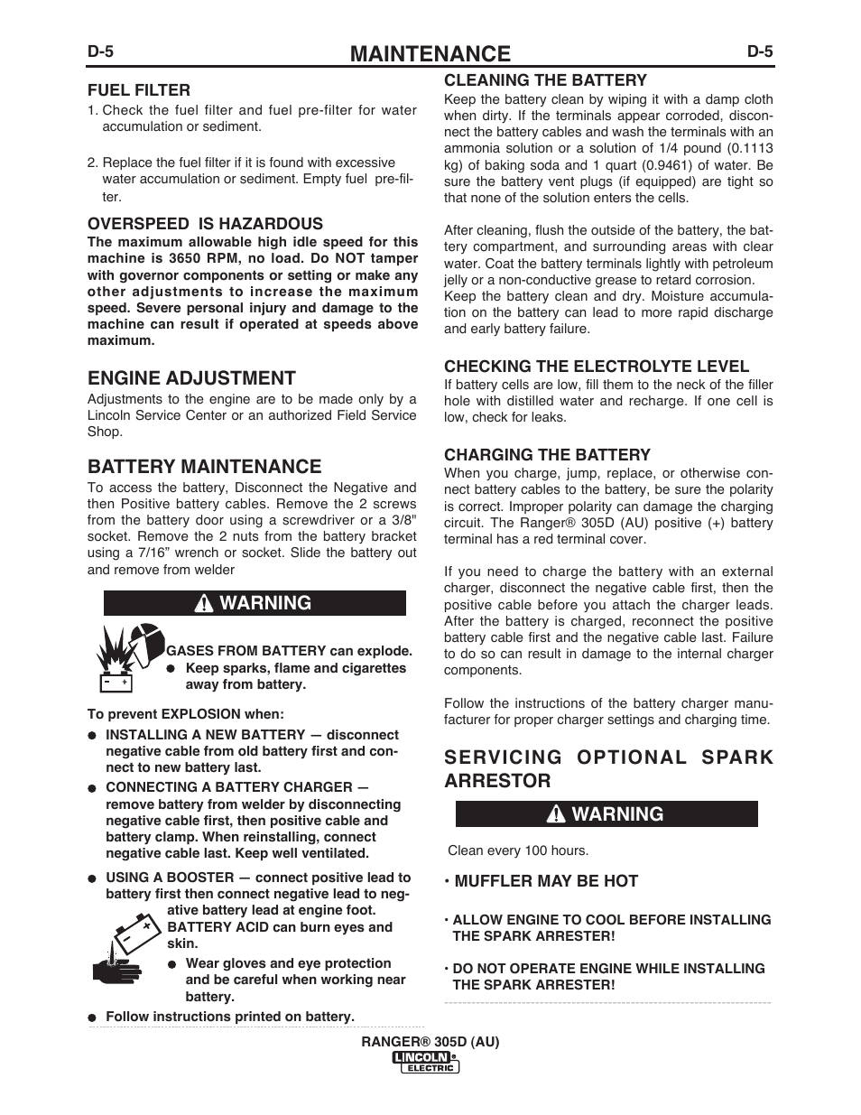 Maintenance, Engine adjustment, Battery maintenance | Servicing optional spark arrestor, Warning | Lincoln Electric IM10053 RANGER 305 D (AU) User Manual | Page 29 / 72