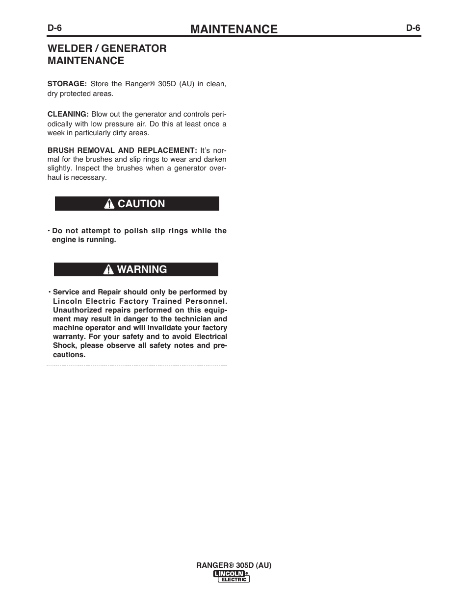 Maintenance, Welder / generator maintenance, Warning | Caution | Lincoln Electric IM10053 RANGER 305 D (AU) User Manual | Page 30 / 72