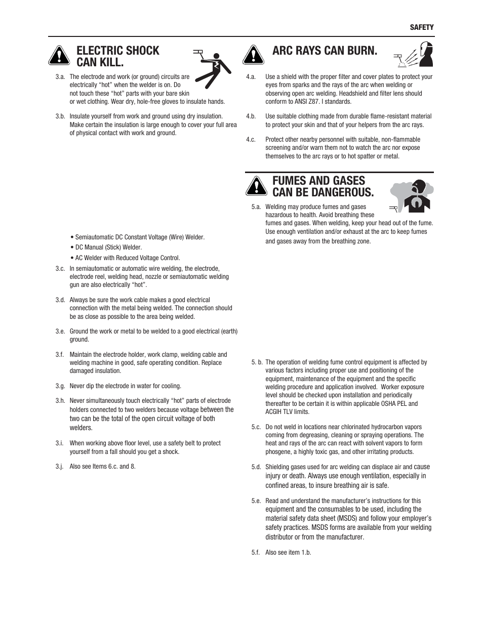 Electric shock can kill, Arc rays can burn, Fumes and gases can be dangerous | Lincoln Electric IM10053 RANGER 305 D (AU) User Manual | Page 4 / 72
