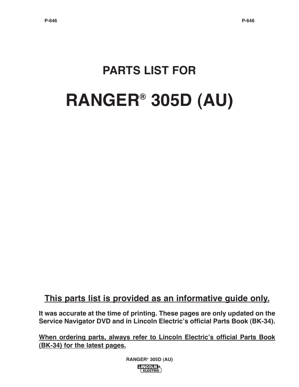 Ranger, 305d (au), Parts list for | Lincoln Electric IM10053 RANGER 305 D (AU) User Manual | Page 49 / 72