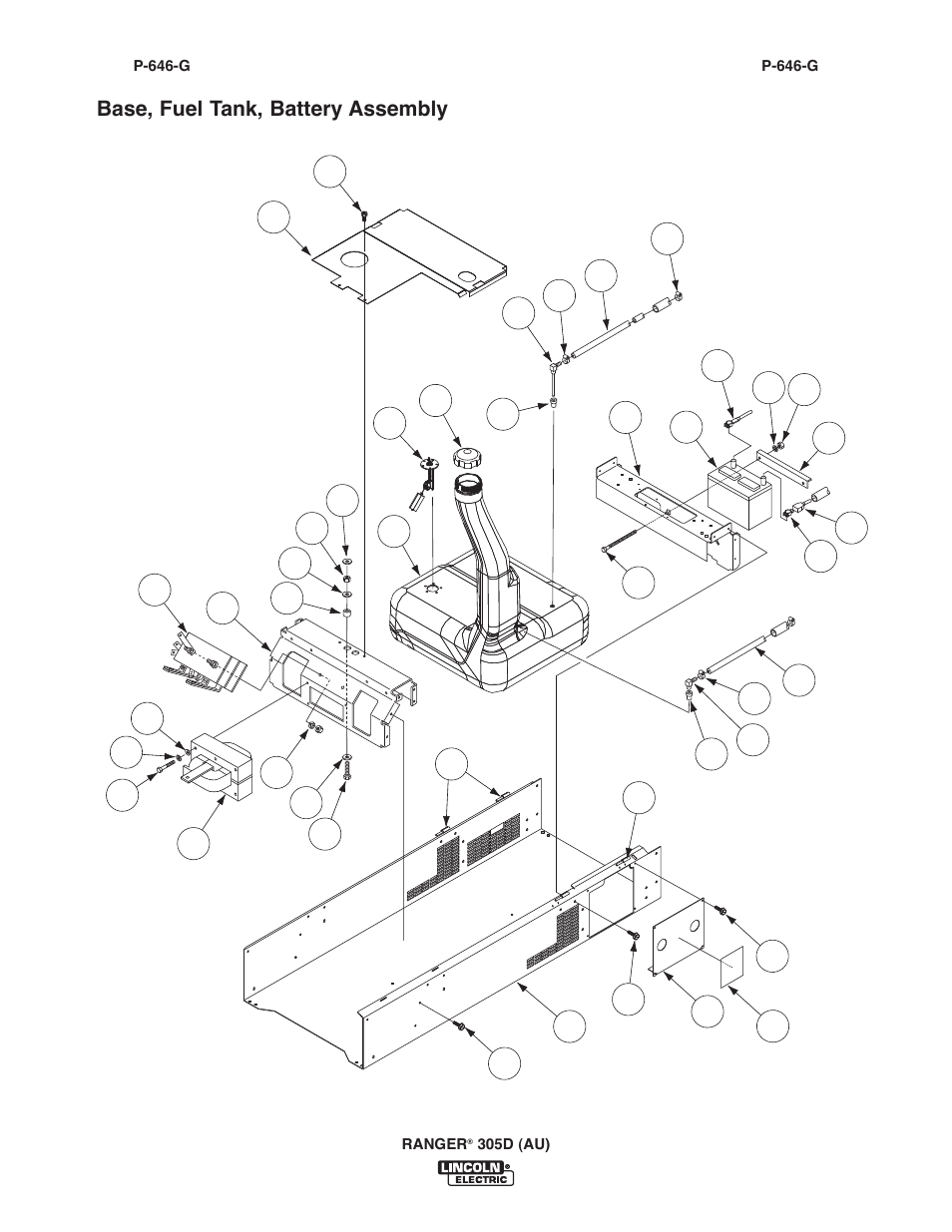 Base, fuel tank, battery assembly | Lincoln Electric IM10053 RANGER 305 D (AU) User Manual | Page 60 / 72