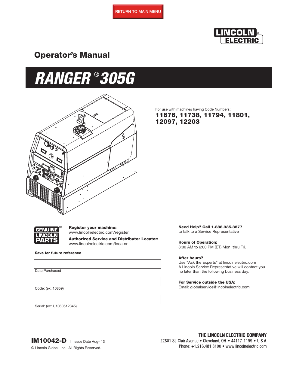 Lincoln Electric IM10042 RANGER 305 G User Manual | 68 pages