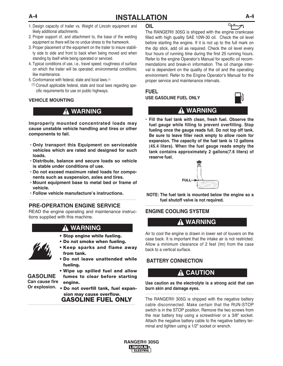 Installation, Warning, Warning caution warning | Gasoline fuel only | Lincoln Electric IM10042 RANGER 305 G User Manual | Page 11 / 68