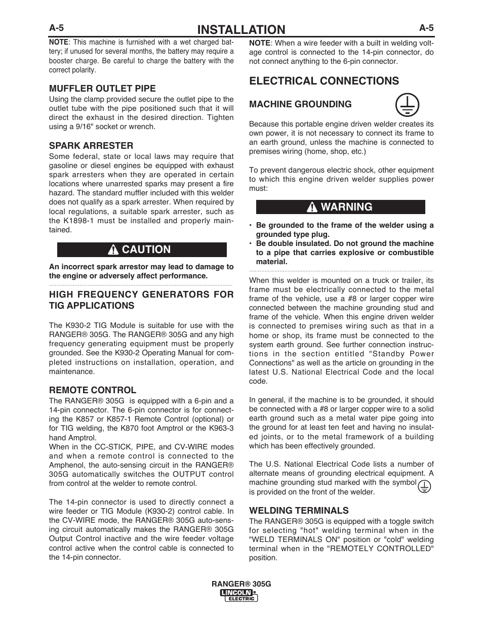 Installation, Electrical connections, Warning caution | Lincoln Electric IM10042 RANGER 305 G User Manual | Page 12 / 68