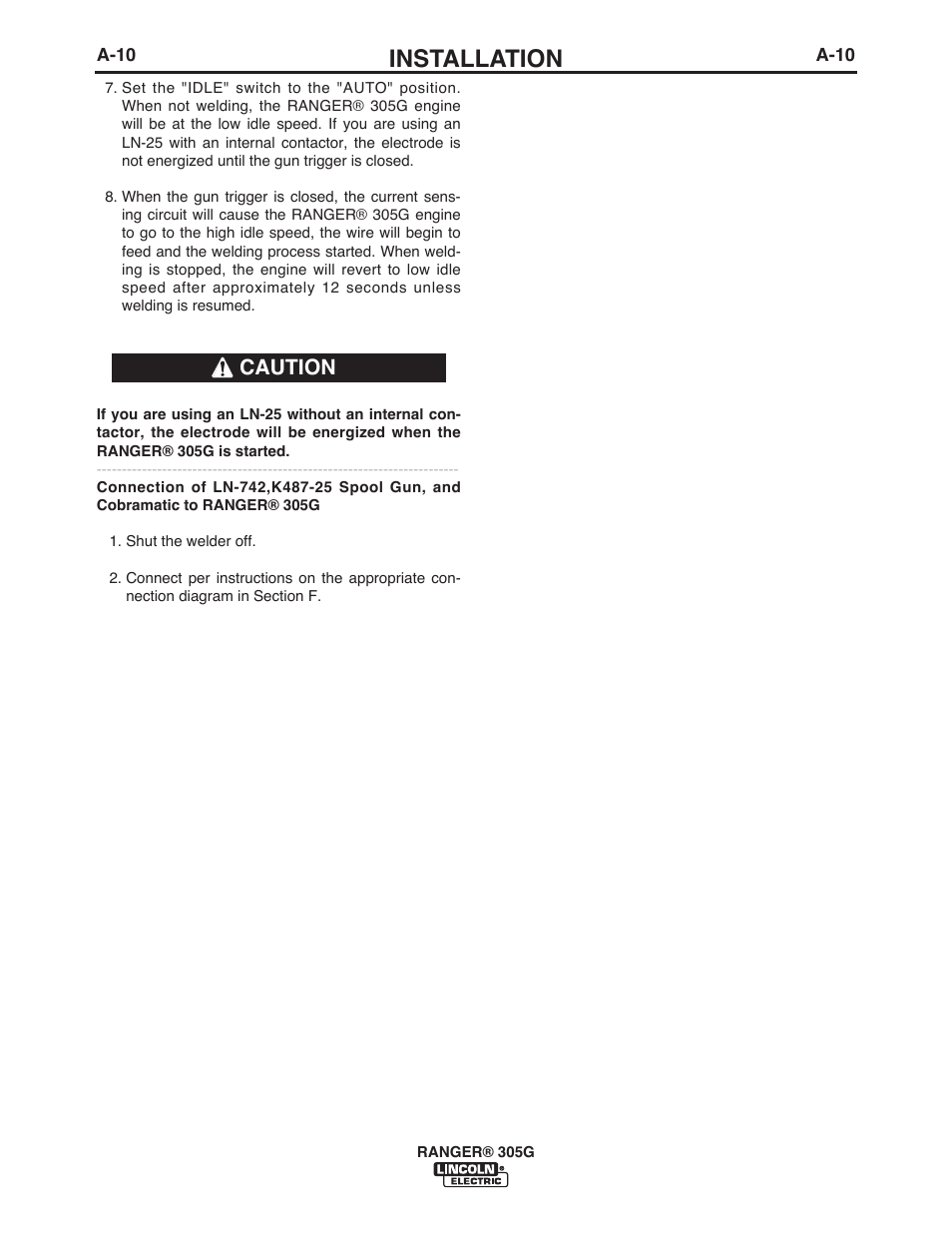 Installation, Caution | Lincoln Electric IM10042 RANGER 305 G User Manual | Page 17 / 68