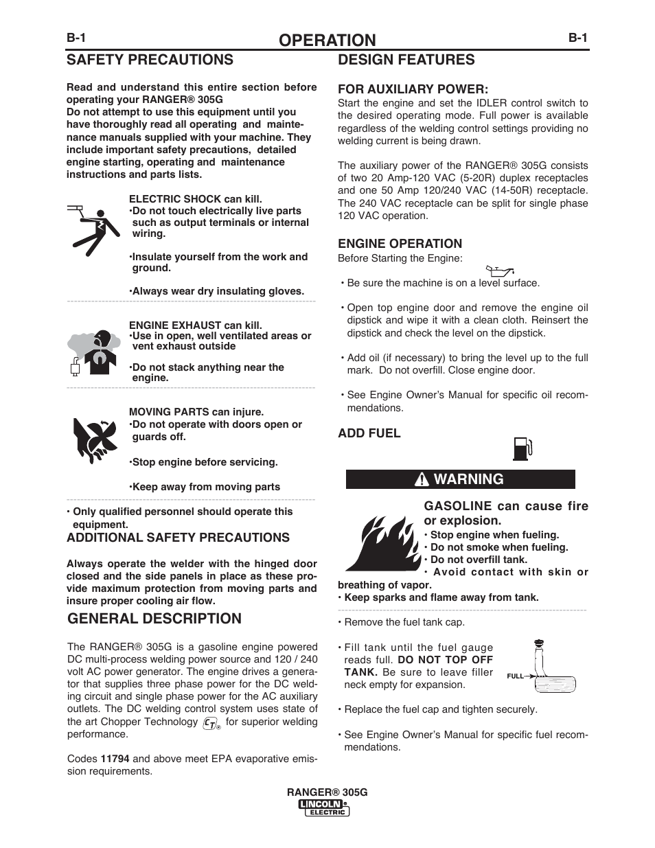 Operation, General description, Design features | Warning safety precautions | Lincoln Electric IM10042 RANGER 305 G User Manual | Page 18 / 68