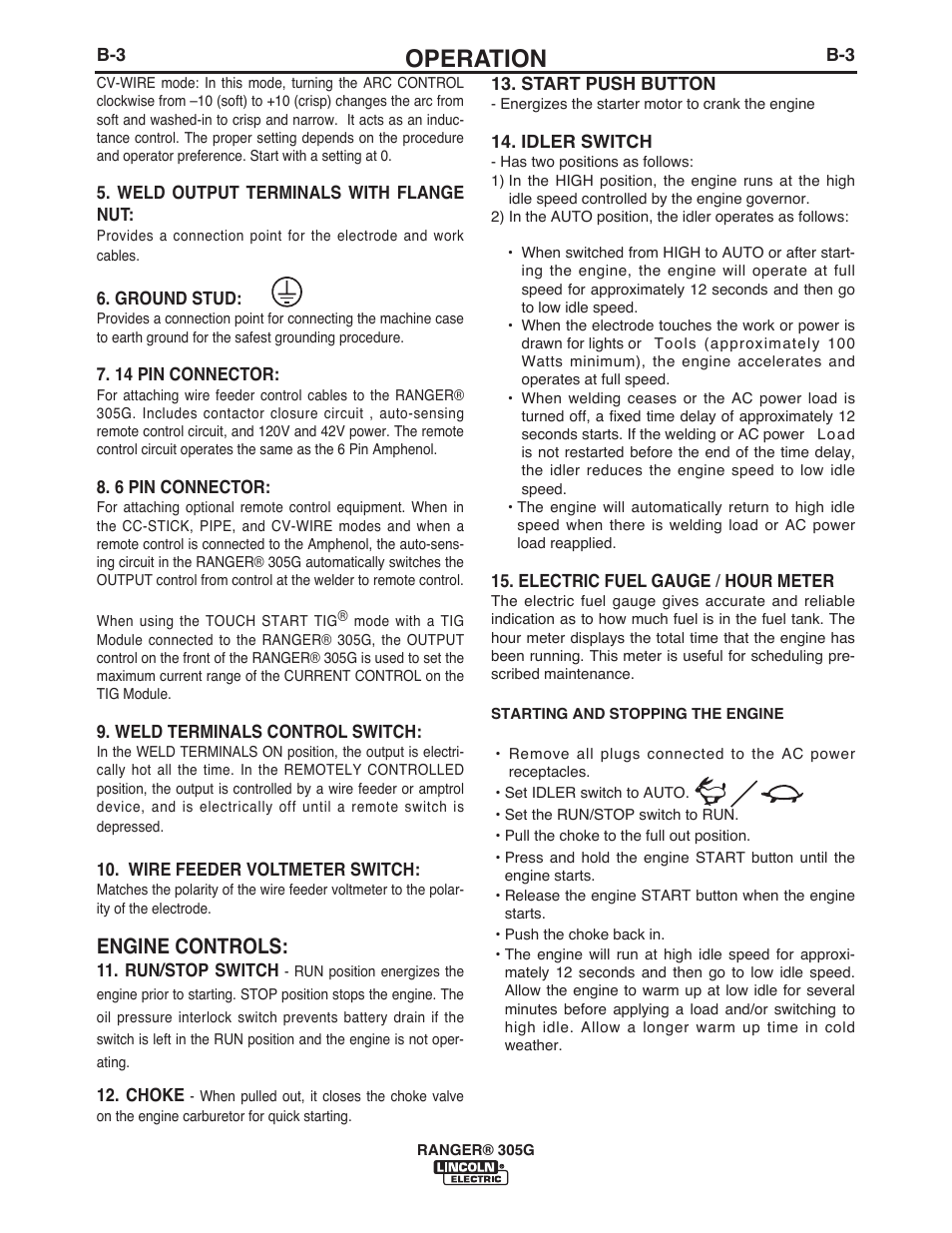 Operation, Engine controls | Lincoln Electric IM10042 RANGER 305 G User Manual | Page 20 / 68