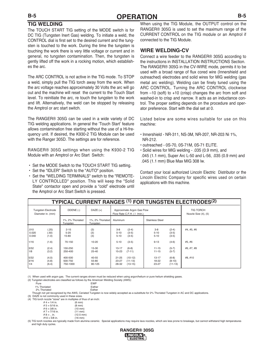 Operation, B-5 tig welding, Wire welding-cv | Typical current ranges, For tungsten electrodes | Lincoln Electric IM10042 RANGER 305 G User Manual | Page 22 / 68