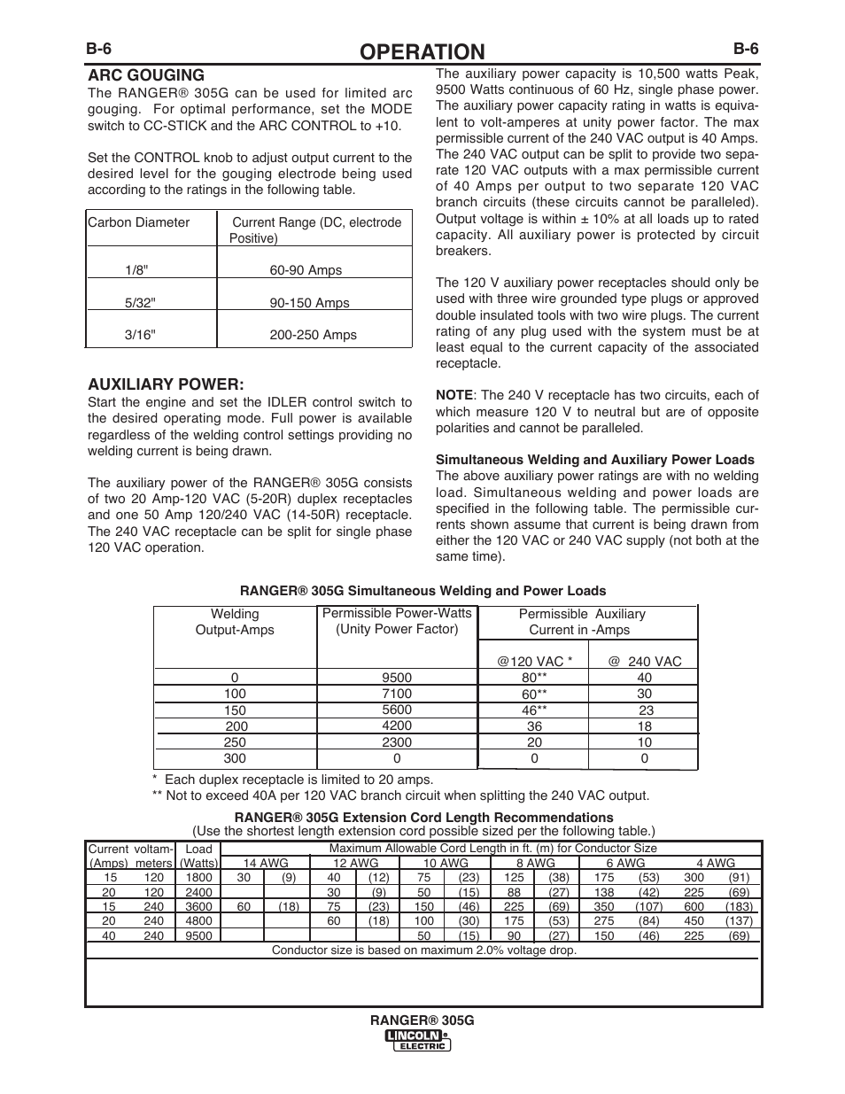 Operation, B-6 arc gouging, Auxiliary power | Lincoln Electric IM10042 RANGER 305 G User Manual | Page 23 / 68