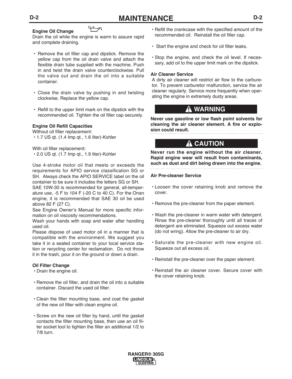 Maintenance, Caution warning | Lincoln Electric IM10042 RANGER 305 G User Manual | Page 26 / 68