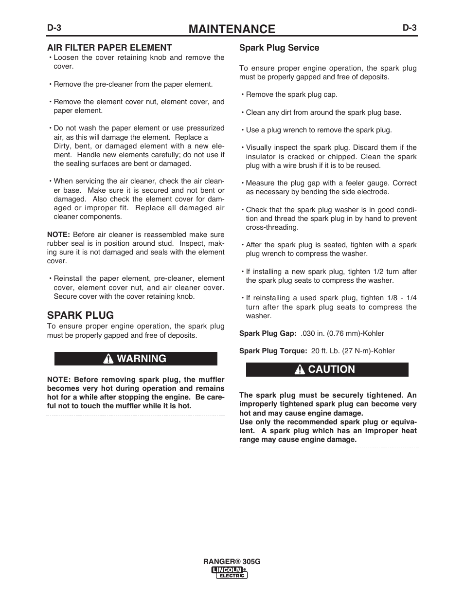 Maintenance, Spark plug, Caution warning | Lincoln Electric IM10042 RANGER 305 G User Manual | Page 27 / 68