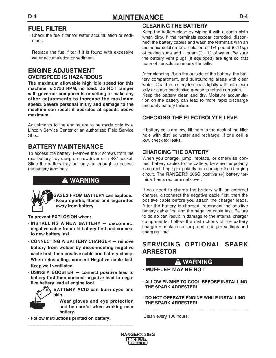 Maintenance, Fuel filter, Engine adjustment | Battery maintenance, Servicing optional spark arrestor, Warning | Lincoln Electric IM10042 RANGER 305 G User Manual | Page 28 / 68