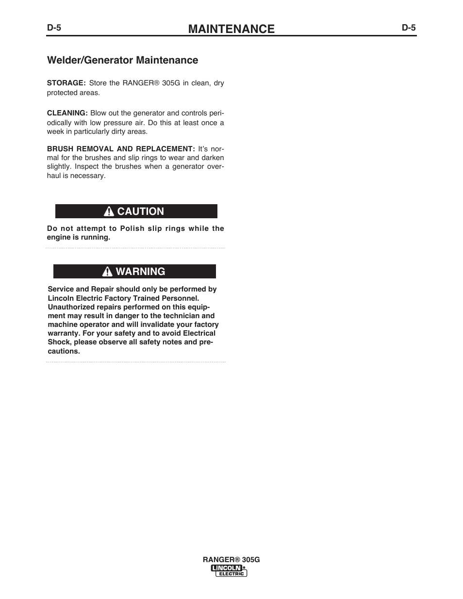 Maintenance | Lincoln Electric IM10042 RANGER 305 G User Manual | Page 29 / 68