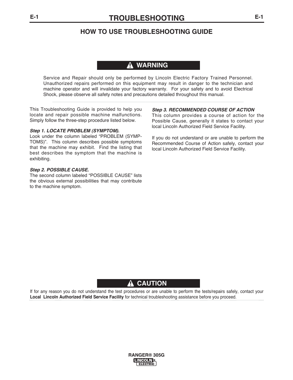 Troubleshooting, Caution, How to use troubleshooting guide | Warning | Lincoln Electric IM10042 RANGER 305 G User Manual | Page 30 / 68