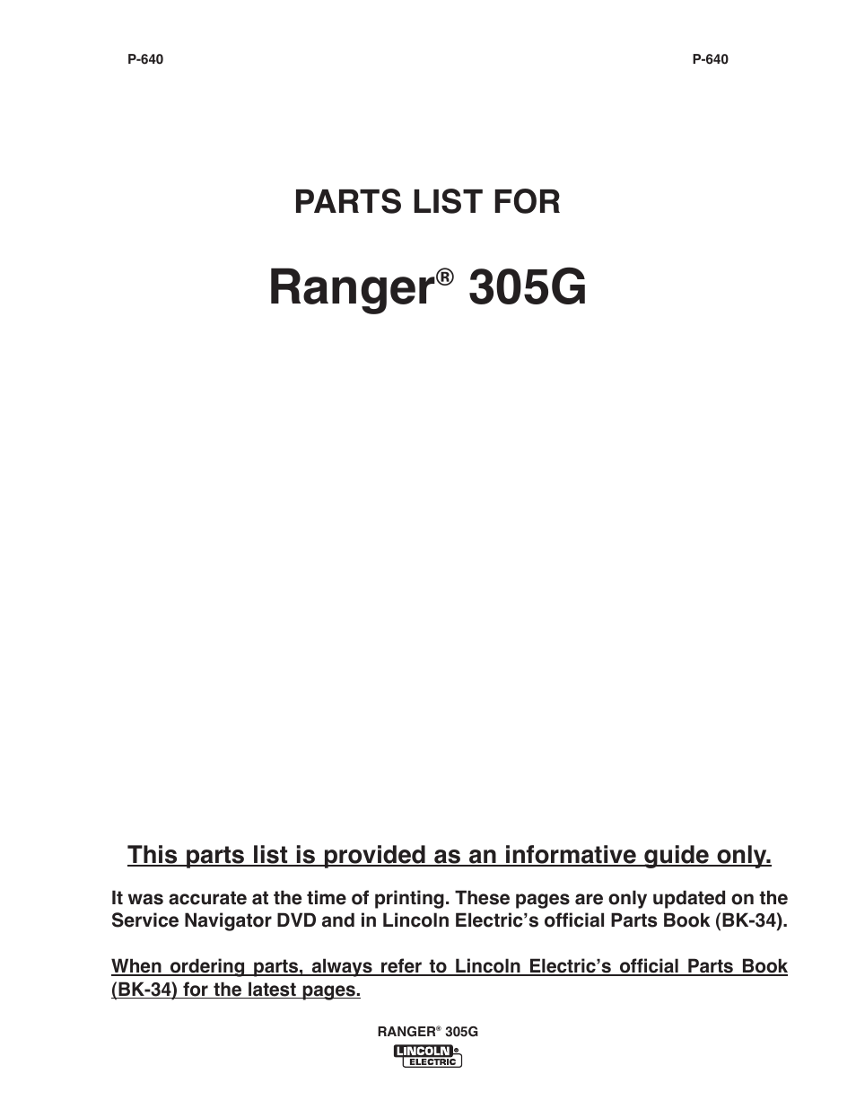 Ranger, 305g, Parts list for | Lincoln Electric IM10042 RANGER 305 G User Manual | Page 49 / 68