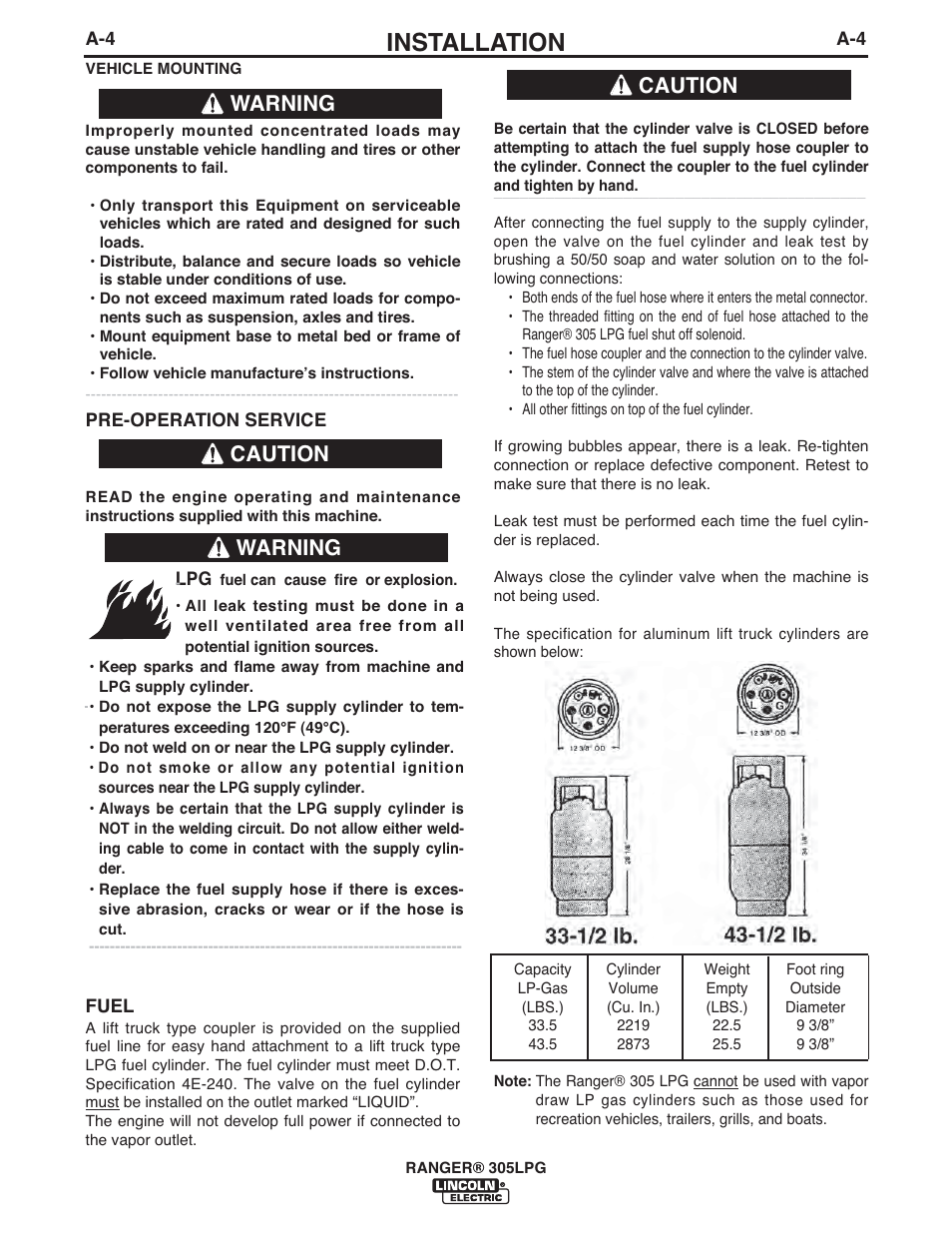 Installation, Warning, Warning caution | Caution | Lincoln Electric IM10043 RANGER 305 LPG User Manual | Page 12 / 52